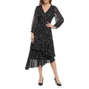 KARL LAGERFELD PARIS Floral Chiffon Dress Black‎ Size 4 NEW